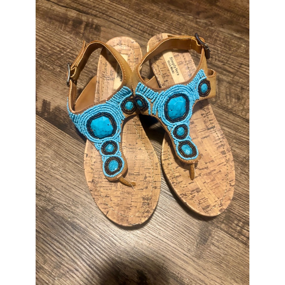 Simply Vera Vera Wang Turquoise Beaded Cork Wedge Sandals Womens Boho Thong Heel